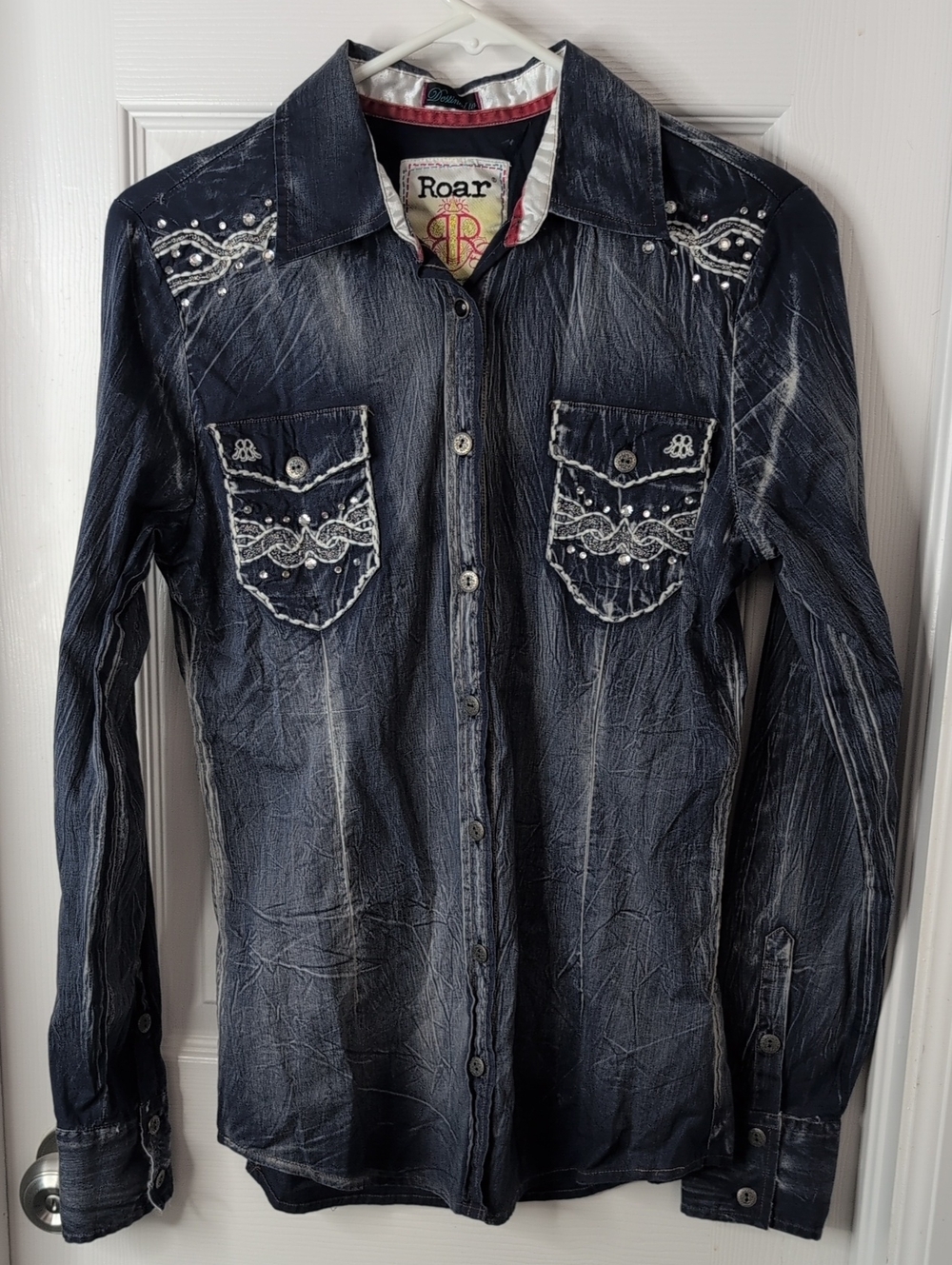 Roar Navy Blue Distressed Button-Down Western Shirt with White Embroidery M